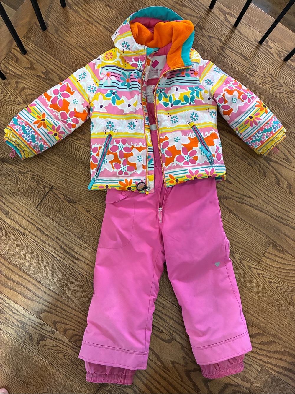 Obermeyer Girls Floral Multi-Color Puffer Jacket with Pink Snow Bibs